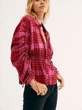 We The Free Red and Pink Plaid Shirt